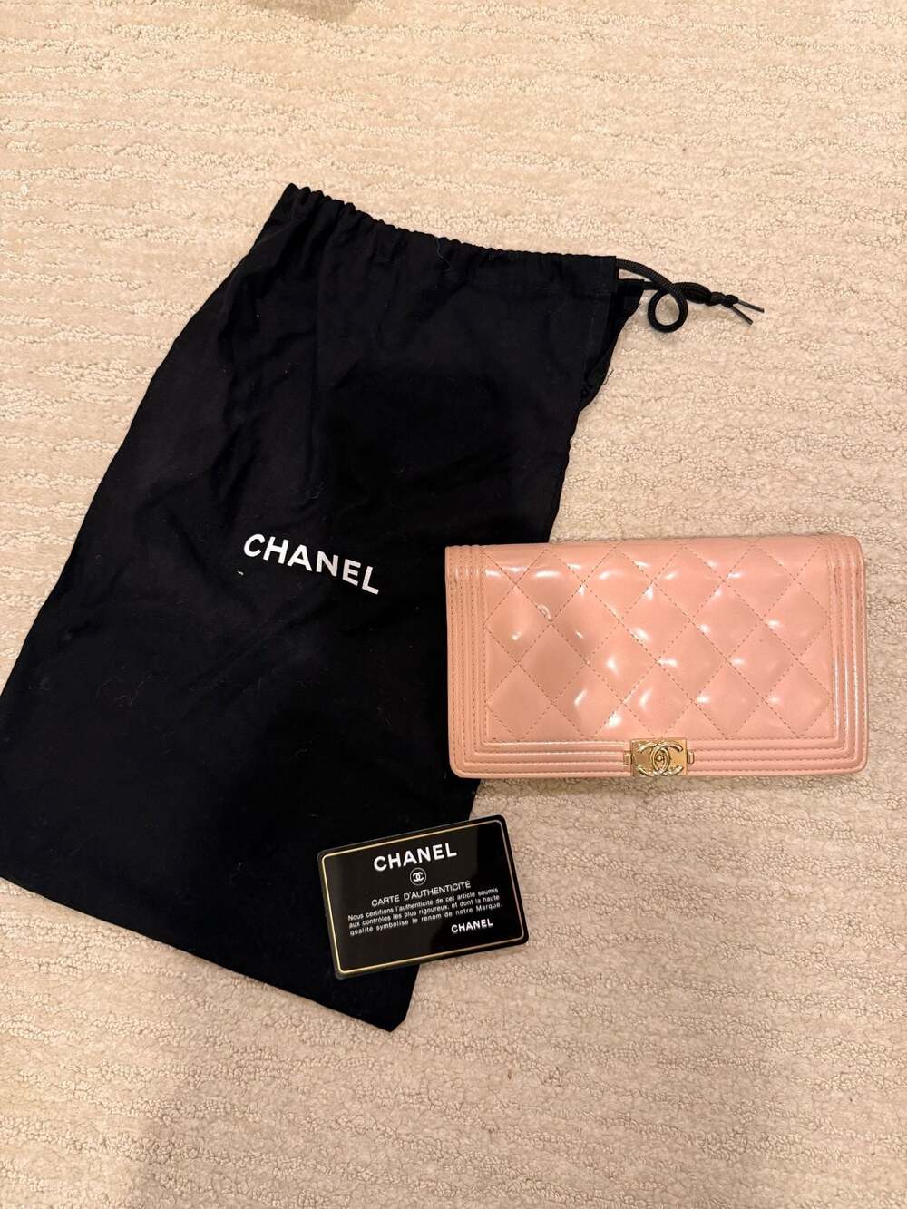 Chanel Boy Flap Long Wallet Patent Quilted Pink Leather